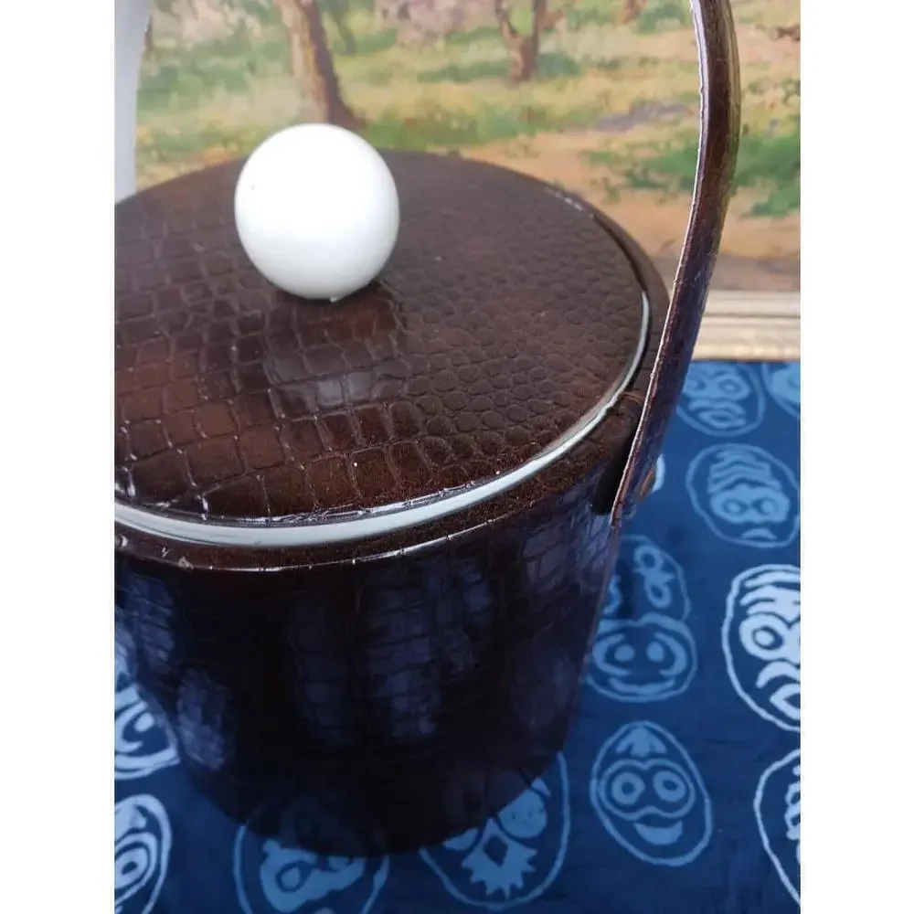Vintage Ice Bucket Faux Lizard Print Brown White